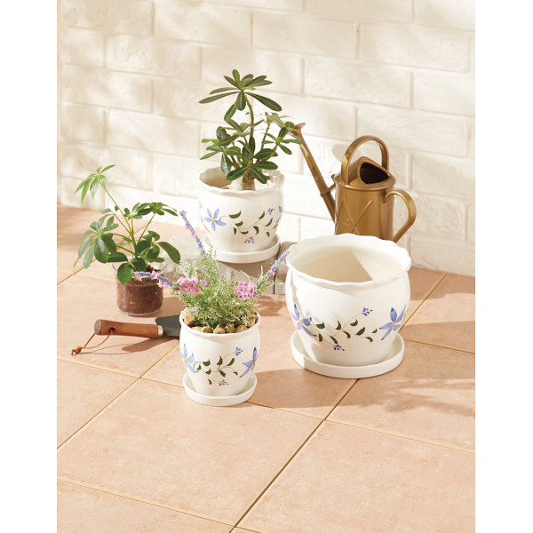 陶器植木鉢３点セット（受皿付） 白・青・黄／花柄のサムネイル画像1
